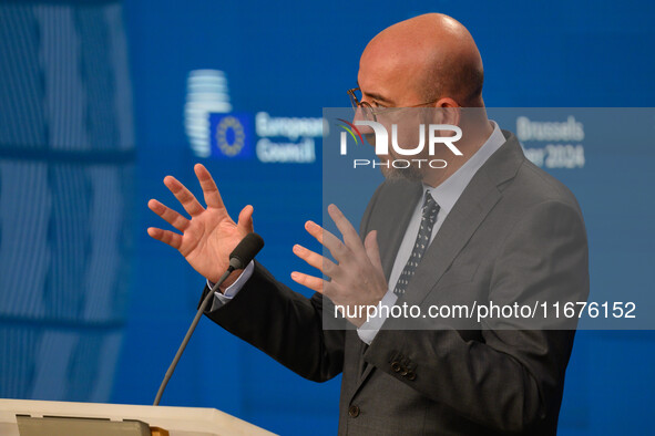 European Council President Charles Michel addresses a press conference after the EU summit in Brussels, Belgium, on October 17, 2024. The Eu...