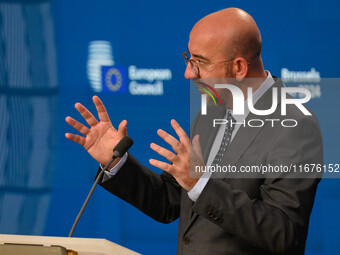 European Council President Charles Michel addresses a press conference after the EU summit in Brussels, Belgium, on October 17, 2024. The Eu...