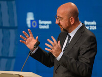 European Council President Charles Michel addresses a press conference after the EU summit in Brussels, Belgium, on October 17, 2024. The Eu...