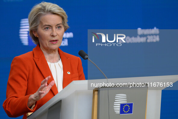 European Commission President Ursula von der Leyen addresses a press conference after the EU summit in Brussels, Belgium, on October 17, 202...