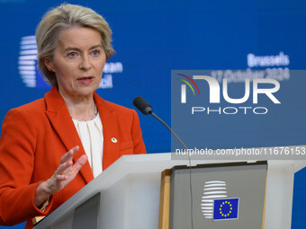 European Commission President Ursula von der Leyen addresses a press conference after the EU summit in Brussels, Belgium, on October 17, 202...