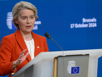 European Commission President Ursula von der Leyen addresses a press conference after the EU summit in Brussels, Belgium, on October 17, 202...