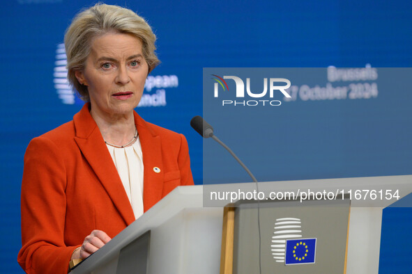 European Commission President Ursula von der Leyen addresses a press conference after the EU summit in Brussels, Belgium, on October 17, 202...