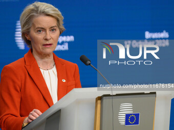 European Commission President Ursula von der Leyen addresses a press conference after the EU summit in Brussels, Belgium, on October 17, 202...