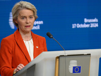 European Commission President Ursula von der Leyen addresses a press conference after the EU summit in Brussels, Belgium, on October 17, 202...