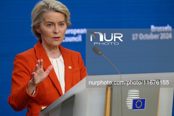 European Commission President Ursula von der Leyen addresses a press conference after the EU summit in Brussels, Belgium, on October 17, 202...