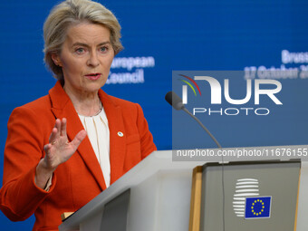 European Commission President Ursula von der Leyen addresses a press conference after the EU summit in Brussels, Belgium, on October 17, 202...