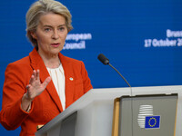 European Commission President Ursula von der Leyen addresses a press conference after the EU summit in Brussels, Belgium, on October 17, 202...