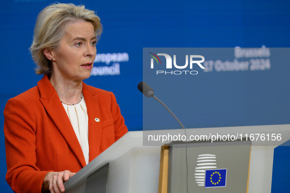 European Commission President Ursula von der Leyen addresses a press conference after the EU summit in Brussels, Belgium, on October 17, 202...