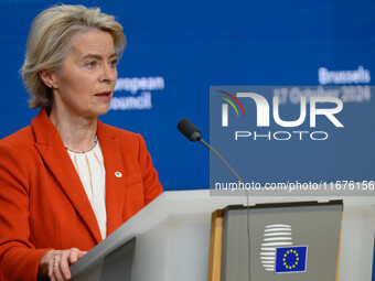 European Commission President Ursula von der Leyen addresses a press conference after the EU summit in Brussels, Belgium, on October 17, 202...