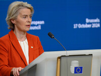 European Commission President Ursula von der Leyen addresses a press conference after the EU summit in Brussels, Belgium, on October 17, 202...