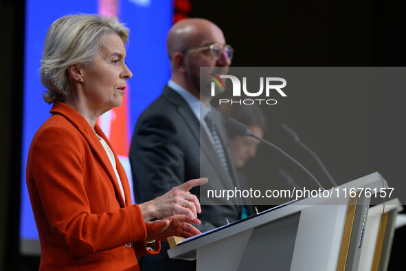 European Commission President Ursula von der Leyen addresses a press conference after the EU summit in Brussels, Belgium, on October 17, 202...