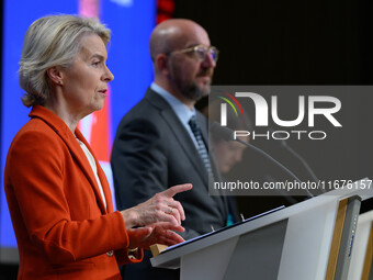 European Commission President Ursula von der Leyen addresses a press conference after the EU summit in Brussels, Belgium, on October 17, 202...