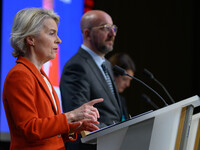 European Commission President Ursula von der Leyen addresses a press conference after the EU summit in Brussels, Belgium, on October 17, 202...