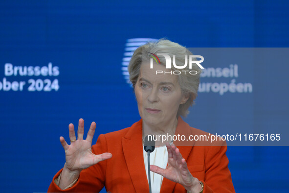 European Commission President Ursula von der Leyen addresses a press conference after the EU summit in Brussels, Belgium, on October 17, 202...