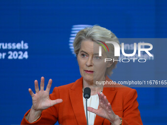 European Commission President Ursula von der Leyen addresses a press conference after the EU summit in Brussels, Belgium, on October 17, 202...