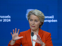 European Commission President Ursula von der Leyen addresses a press conference after the EU summit in Brussels, Belgium, on October 17, 202...