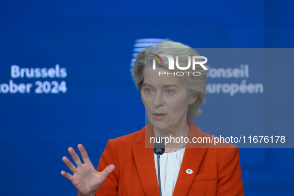 European Commission President Ursula von der Leyen addresses a press conference after the EU summit in Brussels, Belgium, on October 17, 202...