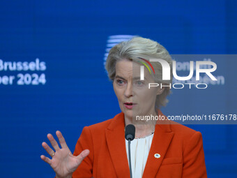 European Commission President Ursula von der Leyen addresses a press conference after the EU summit in Brussels, Belgium, on October 17, 202...