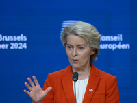 European Commission President Ursula von der Leyen addresses a press conference after the EU summit in Brussels, Belgium, on October 17, 202...