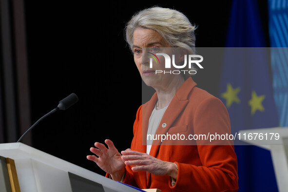 European Commission President Ursula von der Leyen addresses a press conference after the EU summit in Brussels, Belgium, on October 17, 202...