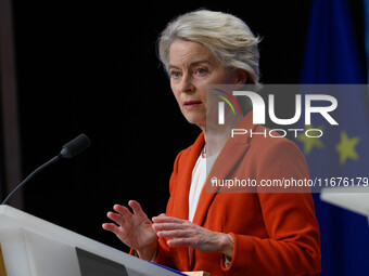 European Commission President Ursula von der Leyen addresses a press conference after the EU summit in Brussels, Belgium, on October 17, 202...