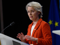 European Commission President Ursula von der Leyen addresses a press conference after the EU summit in Brussels, Belgium, on October 17, 202...