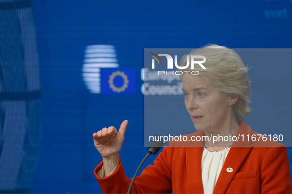 European Commission President Ursula von der Leyen addresses a press conference after the EU summit in Brussels, Belgium, on October 17, 202...