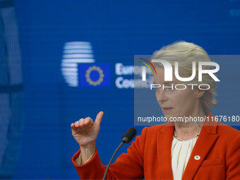 European Commission President Ursula von der Leyen addresses a press conference after the EU summit in Brussels, Belgium, on October 17, 202...