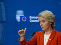 European Commission President Ursula von der Leyen addresses a press conference after the EU summit in Brussels, Belgium, on October 17, 202...