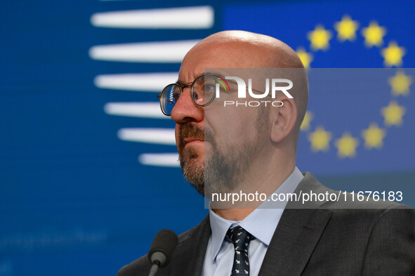 European Council President Charles Michel looks on during the press conference after the EU summit in Brussels, Belgium, on October 17, 2024...