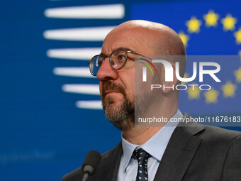 European Council President Charles Michel looks on during the press conference after the EU summit in Brussels, Belgium, on October 17, 2024...