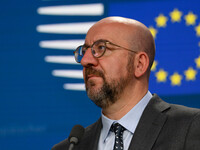 European Council President Charles Michel looks on during the press conference after the EU summit in Brussels, Belgium, on October 17, 2024...