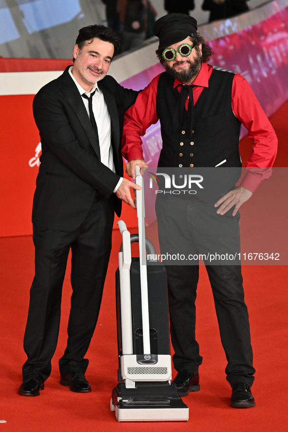 Gianfranco Firriolo and Vinicio Capossela attend the ''Natale fuori orario'' red carpet during the 19th Rome Film Festival at Auditorium Par...