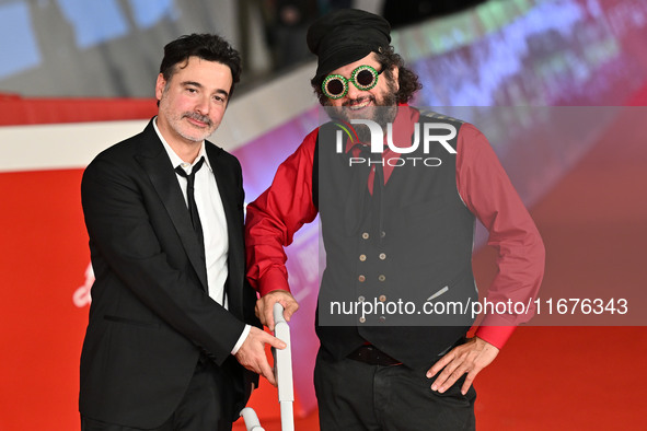 Gianfranco Firriolo and Vinicio Capossela attend the ''Natale fuori orario'' red carpet during the 19th Rome Film Festival at Auditorium Par...