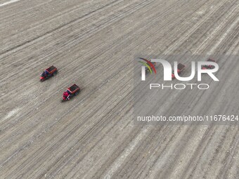 Workers drive a fertilizer spreader to distribute organic fertilizer in preparation for wheat planting in a high-standard farmland in Liaoch...