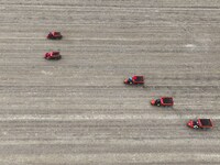 Workers drive a fertilizer spreader to distribute organic fertilizer in preparation for wheat planting in a high-standard farmland in Liaoch...