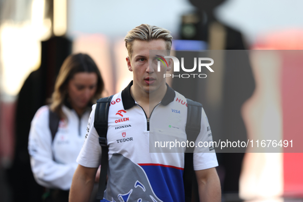 Visa Cash App RB driver Liam Lawson, 30, arrives in the paddock at Circuit of the Americas in Austin, Texas, on October 17, 2024. 