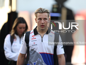 Visa Cash App RB driver Liam Lawson, 30, arrives in the paddock at Circuit of the Americas in Austin, Texas, on October 17, 2024. (