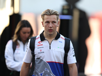 Visa Cash App RB driver Liam Lawson, 30, arrives in the paddock at Circuit of the Americas in Austin, Texas, on October 17, 2024. (