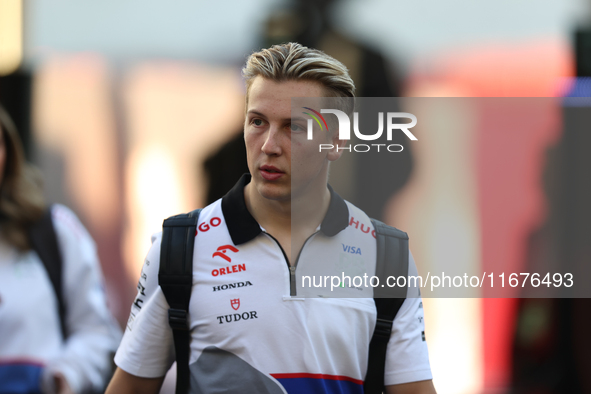 Visa Cash App RB driver Liam Lawson, 30, arrives in the paddock at Circuit of the Americas in Austin, Texas, on October 17, 2024. 