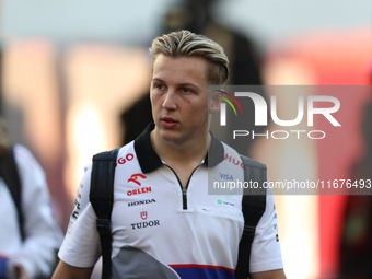 Visa Cash App RB driver Liam Lawson, 30, arrives in the paddock at Circuit of the Americas in Austin, Texas, on October 17, 2024. (