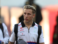 Visa Cash App RB driver Liam Lawson, 30, arrives in the paddock at Circuit of the Americas in Austin, Texas, on October 17, 2024. (