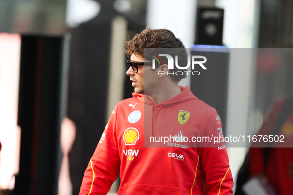 Ferrari driver Charles Leclerc (16) arrives in the paddock at Circuit of the Americas in Austin, Texas, on October 17, 2024. 