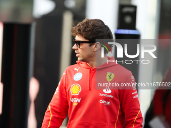 Ferrari driver Charles Leclerc (16) arrives in the paddock at Circuit of the Americas in Austin, Texas, on October 17, 2024. (