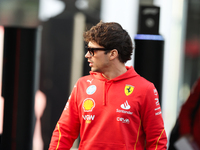 Ferrari driver Charles Leclerc (16) arrives in the paddock at Circuit of the Americas in Austin, Texas, on October 17, 2024. (