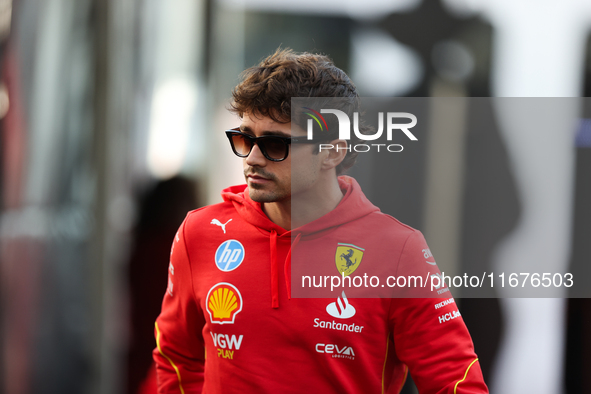 Ferrari driver Charles Leclerc (16) arrives in the paddock at Circuit of the Americas in Austin, Texas, on October 17, 2024. 