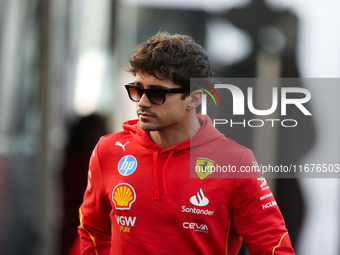 Ferrari driver Charles Leclerc (16) arrives in the paddock at Circuit of the Americas in Austin, Texas, on October 17, 2024. (