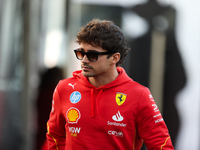 Ferrari driver Charles Leclerc (16) arrives in the paddock at Circuit of the Americas in Austin, Texas, on October 17, 2024. (