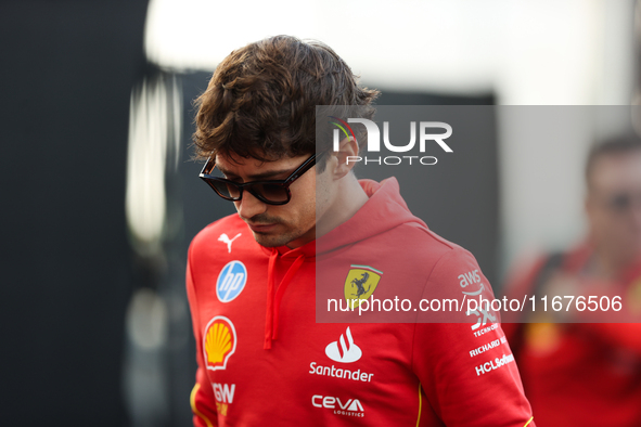 Ferrari driver Charles Leclerc (16) arrives in the paddock at Circuit of the Americas in Austin, Texas, on October 17, 2024. 